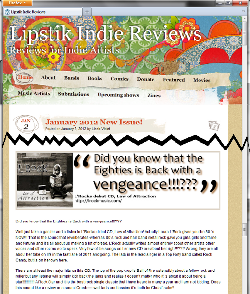 Screen shot of Lipstik Indie Web Site Reviews page, January 2 2012, featuring L'Rock.