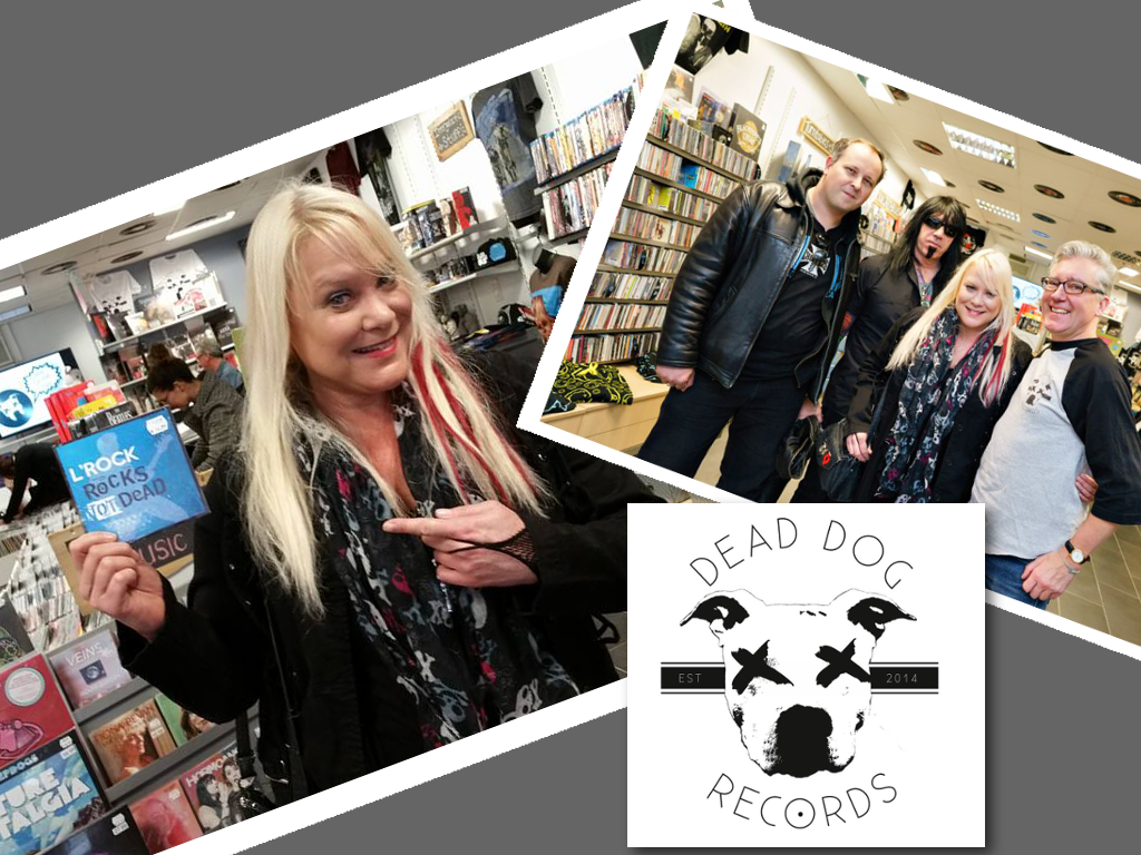Image. Collage of three photos, LRock at Dead Dog Records
